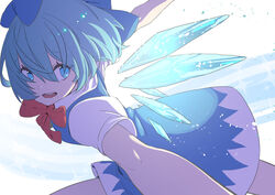  :d absurdres backlighting blue_bow blue_dress blue_eyes blue_hair bow bowtie breasts cirno commentary dress feet_out_of_frame female foreshortening from_side hair_between_eyes hairbow highres ice ice_wings kawayabug light_particles looking_to_the_side open_mouth outstretched_arms pinafore_dress puffy_short_sleeves puffy_sleeves red_bow red_bowtie shirt short_hair short_sleeves sleeveless sleeveless_dress small_breasts smile solo sparkle touhou upper_body white_background white_shirt wings 