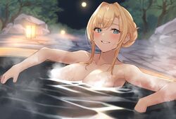  bath blonde_hair blue_eyes blush breasts commission covered_nipples dripping female full_moon granblue_fantasy grin highres hot_tub lantern large_breasts looking_at_viewer moon navel night nude onsen outdoors partially_submerged relaxing renzu_(lens_02) seductive_smile skeb_commission smile solo steam steaming_body sweat sweatdrop tree upper_body wet zeta_(granblue_fantasy) 