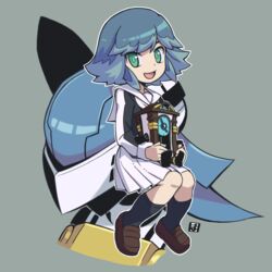  :d black_shirt black_socks blue_hair broken_clock_(youkai_watch) brown_footwear clock clock_lady commentary_request eyebrows_hidden_by_hair female green_eyes grey_background himekawa_fubuki holding loafers long_sleeves looking_at_viewer mawaru_(mawaru) pleated_skirt sailor_collar school_uniform serafuku shirt shoes simple_background sitting skirt smile socks white_sailor_collar white_skirt youkai_watch youkai_watch_jam:_youkai_gakuen_y 