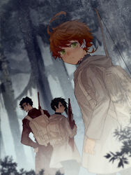  18_(backstreetno18) 2boys ahoge backpack bag bandaid bandaid_on_ear beard black_eyes black_hair blush bow_(weapon) brown_coat closed_mouth coat collar commentary emma_(yakusoku_no_neverland) facial_hair female forest from_behind from_side green_eyes grey_coat gun hair_between_eyes hair_over_one_eye highres holding holding_gun holding_weapon hood hood_down light long_sleeves looking_at_viewer looking_back looking_to_the_side multicolored_hair multiple_boys nature neck_tattoo number_tattoo orange_hair outdoors over_shoulder pants parted_lips plant ray_(yakusoku_no_neverland) rifle short_hair smile standing tattoo tree two-tone_hair upper_body weapon weapon_over_shoulder white_bag white_hair yakusoku_no_neverland yuugo_(yakusoku_no_neverland) 