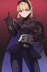  &gt;:( am_(star_wars) black_gloves black_skirt blonde_hair breasts cape contrapposto female frown galactic_empire gloves gradient_background helmet highres holding holding_helmet jourd4n medium_breasts middle_finger purple_eyes skirt solo star_wars star_wars:_visions thighhighs thighs v-shaped_eyebrows 