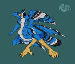  2023 4_toes 5_fingers avian avian_taur beak biped biped_taur bird bird_taur black_body black_claws black_feathers black_finger_claws black_toe_claws blue_body blue_feathers blue_jay blue_jay_taur chest_tuft claws corvid digital_drawing_(artwork) digital_media_(artwork) digitigrade dipstick_feathers feathered_wings feathers feet finger_claws fingers flat_colors flat_shading glistening green_background green_eyes hand_on_hip hi_res inner_ear_fluff jay_(bird) looking_at_viewer male markings multicolored_body multicolored_feathers new_world_jay nika_vizard nude_male nude_taur oscine passerine simple_background solo spread_wings tail tail_feathers taur toe_claws toes tuft watermark white_body white_feathers wings yellow_beak yellow_body yellow_legs yellow_skin 