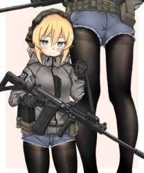  bandaid bandaid_on_face battle_rifle black_legwear blonde_hair blue_eyes escape_from_tarkov extended_magazine female flashlight fn_fal foregrip gloves gun gun_sling headset helen_(jizi) highres jacket jizi legs load_bearing_equipment looking_at_viewer pantyhose pantyhose_under_shorts rifle short_shorts shorts thighband_pantyhose trigger_discipline weapon 