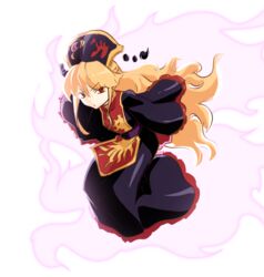  aged_down black_dress black_hat blonde_hair dress female floating_hair frown full_body hat highres junko_(touhou) kikoka_(mizuumi) long_hair looking_at_viewer red_eyes sash simple_background sleeves_past_wrists solo tabard touhou white_background 