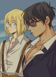  2boys absurdres blonde_hair cigarette facial_hair florbetriz from_side girl_staring_at_guy&#039;s_chest_(meme) highres looking_at_another looking_at_pectorals male_focus medium_hair meme mole mole_under_eye multiple_boys nicholas_d._wolfwood official_alternate_hairstyle partially_unbuttoned pectoral_cleavage pectoral_focus pectorals short_hair sideburns stubble suspenders three_quarter_view trigun trigun_stampede upper_body vash_the_stampede 