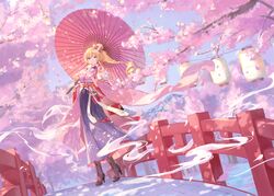  anthro azur_lane blonde_hair cherry_blossoms criin_(659503) cropped flowers gloves green_eyes japanese_clothes kongou_(azur_lane) long_hair scan sky tree umbrella 