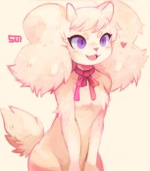  2020 anthro bangs blush bow_tie breasts canid canine canis chest_tuft circle_eyebrows cute_fangs daww digital_media_(artwork) digital_painting_(artwork) domestic_dog eyebrows eyelashes featureless_breasts female fluffy fluffy_ears fluffy_tail front_view fur fur_tuft hair half-length_portrait heart_nose heart_symbol horn looking_aside mammal nude open_mouth open_smile portrait purple_eyes red_bow red_ribbon ribbons short_tail signature simple_background smile solo suikuzu suizilla tail tan_background tan_body tan_fur tan_hair tan_tail tan_theme three-quarter_view tuft 