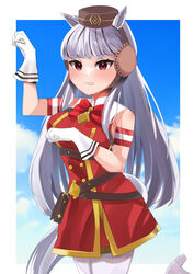  absurdres animal_ears armband blue_sky blush boots border buttons cloud commentary_request double-breasted dress female gloves gold_ship_(umamusume) golshi&#039;s_first_place_pose grey_hair high_heel_boots high_heels highres horse_ears horse_girl horse_tail outdoors pantyhose parted_lips red_eyes sky sleeveless sleeveless_dress smile solo tail umamusume white_border white_footwear white_gloves white_pantyhose yokawa_nagi 