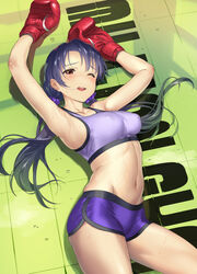  andou_shuki armpits arms_up bare_shoulders black_hair blush boxing_gloves breasts brown_eyes buruma cowboy_shot dolphin_shorts duplicate female groin hair_in_own_mouth highres idolmaster idolmaster_million_live! long_hair looking_at_viewer loose_hair_strand low_twintails medium_breasts midriff navel one_eye_closed open_mouth pixel-perfect_duplicate purple_buruma purple_sports_bra short_shorts shorts smile solo sports_bra sweat takayama_sayoko thighs twintails 