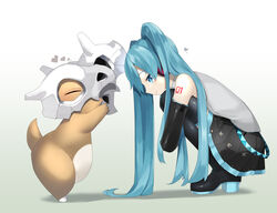  bare_shoulders black_footwear black_gloves black_skirt blue_eyes boots closed_mouth commentary crossover cubone elbow_gloves female from_side gloves grey_shirt hatsune_miku heart high_heel_boots high_heels highres holding long_hair number_tattoo pleated_skirt pokemon pokemon_(creature) reirou_(chokoonnpu) shirt skirt skull smile squatting symbol-only_commentary tattoo vocaloid 