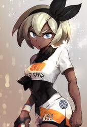  2ta2ta absurdres bea_(pokemon) black_bodysuit black_hairband blonde_hair bodysuit bodysuit_under_clothes bow_hairband closed_mouth collared_shirt commentary dark-skinned_female dark_skin dynamax_band eyelashes female from_side gloves grey_eyes hair_between_eyes hairband highres holding holding_poke_ball partially_fingerless_gloves poke_ball poke_ball_(basic) pokemon pokemon_swsh print_shirt print_shorts shirt short_hair short_sleeves shorts side_slit side_slit_shorts single_glove solo tied_shirt 