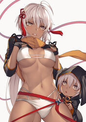  2girls ahoge bangs banned_artist bikini black_jacket breasts cropped_jacket dark-skinned_female dark_skin fate/grand_order fate_(series) grey_eyes jacket kyoeiki long_hair long_sleeves looking_at_viewer medium_breasts multiple_girls navel okita_souji_(alter_swimsuit_saber)_(fate) okita_souji_(fate) open_mouth orange_scarf rengoku_(fate) scarf shrug_(clothing) swimsuit tassel thighs very_long_hair white_bikini white_hair 