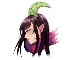  ane_naru_mono black_hair chiyo_(ane_naru_mono) commentary demon_girl demon_horns female fur_trim head_only horns long_hair looking_to_the_side pointy_ears purple_eyes reizo_ne simple_background solo symbol-only_commentary white_background 