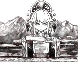  closed_mouth dress female greyscale hat holding junko_(touhou) kikoka_(mizuumi) long_hair long_sleeves looking_at_viewer monochrome mountain outdoors sash smile solo tabard tassel touhou upper_body wide_sleeves 