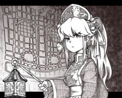  alternate_hairstyle dress female frown greyscale hat holding junko_(touhou) kikoka_(mizuumi) lantern long_hair long_sleeves looking_at_viewer monochrome ponytail sash solo tabard tassel touhou upper_body wide_sleeves 