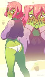  alisa_(razalor) blush butt_crack colored_skin commentary covering_face dimples_of_venus embarrassed english_commentary female green_eyes green_skin hair_between_eyes hands_on_own_face looking_at_viewer multiple_views no_pants nose_blush open_mouth original panties pink_hair pink_shirt pointy_ears projected_inset razalor shirt short_hair sleeves_past_wrists underwear white_panties 