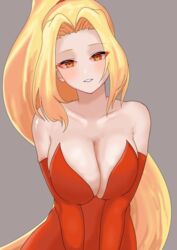  bare_shoulders blonde_hair breasts cleavage collarbone dress elbow_gloves female gloves highres kechakecha21 large_breasts long_hair looking_at_viewer ponytail red_dress red_gloves shynesslady simple_background smile solo star_ocean star_ocean_the_second_story strapless very_long_hair 