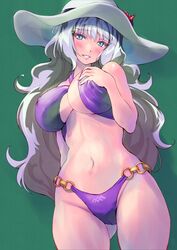  ass_visible_through_thighs bikini blush breasts female green_background grey_hair gundam gundam_exa gundam_exa_vs hands_on_own_breasts hat highres long_hair midriff navel parted_lips purple_bikini smile solo sthesia_awar_nono sun_hat swimsuit underboob very_long_hair white_hat wochi 