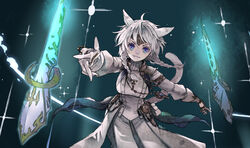  :3 animal_ears blue_eyes braid cat_ears cat_tail circlet dark_background female final_fantasy final_fantasy_xiv floating floating_object floating_weapon glowing glowing_weapon light_particles miqo&#039;te pale_skin pointing pointing_at_viewer ren-co sage_(final_fantasy) smile solo sparkle tail twin_braids warrior_of_light_(ff14) weapon white_hair 