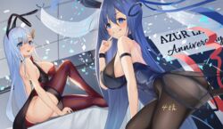  2girls animal_ears arm_strap ass azur_lane blue_eyes blue_hair blue_leotard bodystocking bow bowtie fake_animal_ears hair_between_eyes iroe_yuu leotard long_hair looking_at_viewer multiple_girls new_jersey_(azur_lane) new_jersey_(exhilarating_steps!)_(azur_lane) official_alternate_costume oversized_breast_cup pantyhose playboy_bunny rabbit_ears red_leotard red_thighhighs strapless strapless_leotard thighhighs ticonderoga_(azur_lane) ticonderoga_(show_stopper!)_(azur_lane) two-tone_legwear very_long_hair 