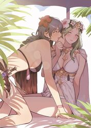  2girls adjusting_another&#039;s_hair all_fours beach_umbrella bikini black_bikini blue_hair breasts byleth_(female)_(fire_emblem) byleth_(female)_(summer)_(fire_emblem) byleth_(fire_emblem) cape cleavage commentary_request dagger fire_emblem fire_emblem:_three_houses fire_emblem_heroes flower green_hair hair_flower hair_ornament highres ikarin knife looking_at_another multiple_girls official_alternate_costume palm_tree plant rhea_(fire_emblem) rhea_(summer)_(fire_emblem) shade sitting smile sunlight swimsuit tree umbrella wariza weapon yuri 