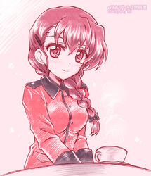  artist_name black_ribbon braid braided_ponytail brown_eyes brown_hair closed_mouth colored_pencil_(medium) commentary cup dated epaulettes female girls_und_panzer hair_ornament hair_over_shoulder hair_ribbon hairclip jacket kuromori_yako long_hair long_sleeves looking_at_viewer military military_uniform red_jacket ribbon rukuriri_(girls_und_panzer) single_braid smile solo st._gloriana&#039;s_military_uniform teacup traditional_media uniform upper_body v_arms 