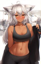  ? absurdres ahoge animal_ears bad_fantia_id bad_id bare_shoulders black_gloves black_jacket black_pants black_sports_bra breasts closed_mouth cowboy_shot dark-skinned_female dark_skin fang_out female fingerless_gloves gloves grey_hair hair_between_eyes hand_up has_bad_revision has_cropped_revision highres jacket large_breasts linea_alba long_hair long_sleeves looking_at_viewer mathew_(srmmk_mce) navel oerba_yun_fang off_shoulder open_clothes open_jacket original pants skin_fang solo sports_bra standing stomach yellow_eyes 