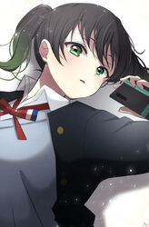  absurdres black_hair black_jacket buttons collared_shirt commentary_request dress_shirt female gradient_hair green_eyes green_hair hair_between_eyes highres jacket long_sleeves love_live! love_live!_nijigasaki_high_school_idol_club medium_hair multicolored_hair neck_ribbon nijigasaki_school_uniform parted_lips phone pukonuu red_ribbon ribbon school_uniform shirt solo streaked_hair takasaki_yu twintails two-tone_hair white_shirt 