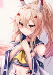  absurdres ayanami_(azur_lane) ayanami_(retrofit)_(azur_lane) azur_lane bare_shoulders blush breasts choker collarbone commentary crop_top detached_sleeves female hair_between_eyes headgear highres long_hair looking_at_viewer navel neckerchief own_hands_together ponytail ryara shirt sidelocks simple_background small_breasts smile solo upper_body white_background white_shirt wide_sleeves yellow_neckerchief 