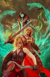  1boy 2girls blonde_hair he-man highres holding holding_weapon masters_of_the_universe multiple_girls shield snake staff standing stjepan_sejic sword weapon western_comics_(style) 