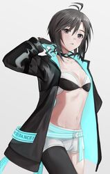  ahoge antenna_hair aqua_belt aqua_gloves aqua_jacket asymmetrical_legwear bad_id bad_twitter_id belt black_bra black_choker black_gloves black_hair black_jacket bra breasts choker cleavage cowboy_shot dance_on_the_galaxy_(idolmaster) female gloves grey_eyes hand_on_own_face hd_(sw4189101) highres idolmaster jacket kikuchi_makoto long_sleeves midriff multicolored_clothes multicolored_jacket navel no_shirt open_clothes open_jacket parted_lips short_hair short_shorts shorts single_thighhigh small_breasts solo standing stomach thighhighs two-sided_fabric two-tone_bra two-tone_gloves two-tone_jacket underwear white_background white_belt white_bra white_shorts 