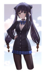  absurdres alternate_costume bad_id bad_pixiv_id black_cardigan black_choker black_pantyhose blue_bow blue_bowtie blue_skirt bow bowtie cardigan choker closed_mouth collared_shirt cropped_legs female genshin_impact green_eyes hair_ornament hair_ribbon hand_in_own_hair hand_on_own_hip hand_up harusame_(user_wawj5773) highres long_hair long_sleeves looking_at_viewer miniskirt mona_(genshin_impact) pantyhose pleated_skirt purple_hair ribbon school_uniform shirt skirt solo standing twintails undershirt white_shirt 