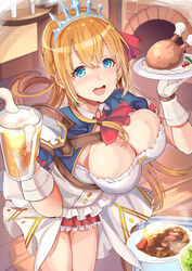  :d alcohol ascot beer blouse blue_eyes blue_sleeves breasts buttons candle cleavage commentary_request cowboy_shot cup female fireplace food from_above gloves hair_between_eyes hair_ribbon hair_up highres himuro_shunsuke holding holding_cup holding_food indoors large_breasts legs_together light_blush long_hair looking_at_viewer miniskirt open_mouth orange_hair pecorine_(princess_connect!) princess_connect! puffy_short_sleeves puffy_sleeves red_ascot red_ribbon red_skirt ribbon shirt short_sleeves shrug_(clothing) skirt smile solo table teeth tiara tonkatsu waitress white_shirt wooden_floor 