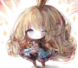  ;o armor armored_boots armored_dress bad_id bad_pixiv_id black_gloves blonde_hair blue_dress blue_eyes blush boots charlotta_(granblue_fantasy) chibi cottontailtokki crown dress emphasis_lines female fingerless_gloves frilled_dress frills full_body gloves granblue_fantasy harvin long_hair looking_at_viewer mini_crown one_eye_closed outstretched_arm parted_lips pointy_ears puffy_short_sleeves puffy_sleeves shadow short_sleeves solo sparkle standing very_long_hair white_background 