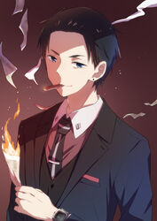  1boy absurdres black_eyes black_hair cigar commentary earrings fire formal fugou_keiji_balance:unlimited highres jewelry kanbe_daisuke looking_at_viewer male_focus money necktie nyaa_(nnekoron) short_hair simple_background smoke smoking solo suit upper_body watch wristwatch 