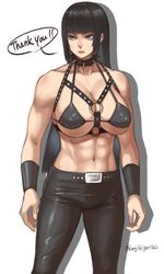  abs armlet belt belt_buckle bikini black_bikini black_eyes bondage_outfit breasts buckle choker commission cosplay female gachimuchi genderswap_(mtf) harness highres kanjikigorilla leatherclub_scene_(meme) long_hair meme muscular original rule_63 skeb_commission speech_bubble spiked_choker spikes swimsuit toned van_darkholme van_darkholme_(cosplay) 