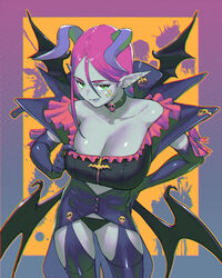  absurdres black_panties black_wings blue_skin bow breasts choker chromatic_aberration cleavage closed_mouth collarbone colored_skin colored_tongue cowboy_shot demon_girl demon_horns demon_wings earrings elbow_gloves facial_mark fangs fangs_out female garter_straps glove_bow gloves green_choker green_eyes hair_between_eyes hand_on_own_hip heart heart_facial_mark highres horns jack-o&#039;-lantern jack-o&#039;-lantern_earrings jewelry large_breasts long_hair looking_at_viewer maruyama_rui multiple_wings original panties pink_bow pink_hair pointy_ears purple_gloves purple_horns purple_thighhighs purple_tongue skull skull_choker smile solo thighhighs tongue tongue_out underwear wings zipper 