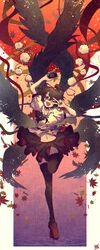  ;d arm_up arms_up black_bow black_bowtie black_hair black_ribbon black_skirt black_thighhighs black_wings bow bowtie breasts bright_pupils brown_eyes buttons camera collared_shirt feathered_wings feathers female floating_hair geta ginkgo_leaf gradient_background hair_between_eyes hat highres holding holding_camera large_wings leaf leg_up light_particles looking_at_viewer maple_leaf medium_breasts messy_hair midriff multiple_wings one_eye_closed open_mouth pillarboxed pom_pom_(clothes) puffy_short_sleeves puffy_sleeves red_eyes red_footwear red_ribbon ribbon ripples shameimaru_aya shirt short_hair short_sleeves signature skirt smile sokura_(mochichitose) solo spread_wings standing standing_on_liquid standing_on_one_leg tengu-geta thighhighs tokin_hat touhou unworn_headwear v v_over_eye white_pupils white_shirt wing_collar wings yellow_ribbon 