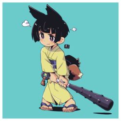  :t animal_ears black_hair blue_background blush brown_footwear closed_mouth club_(weapon) commentary_request female fox_ears fox_girl fox_tail full_body green_kimono holding holding_weapon japanese_clothes kanabou kimono kitsune kukuri_(mawaru) long_sleeves mawaru_(mawaru) obi original pout purple_eyes sandals sash short_hair solo standing tail v-shaped_eyebrows weapon wide_sleeves zouri 