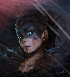  blood blue_eyes celtic facepaint female fur_collar fur_trim hair_pulled_back headdress hellblade highres painttool_sai_(medium) portrait salaiix senua solo_focus war_paint warrior 