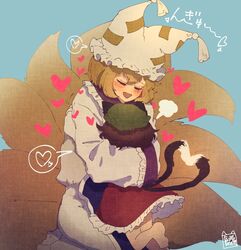  2girls animal_ears animal_hat blonde_hair blue_background blue_tabard blush brown_hair cat_ears cat_tail chen closed_eyes commentary_request dress fox_tail frilled_dress frilled_skirt frilled_sleeves frilled_tabard frills green_headwear happy hat heart heart_tail hug kitsune kyuubi leg_up long_dress long_sleeves mob_cap multiple_girls multiple_tails nekomata open_mouth puff_of_air red_skirt short_hair sidelocks simple_background skirt smile sokura_(mochichitose) speech_bubble spoken_heart tabard tail tassel touhou two_tails white_dress white_headwear yakumo_ran 