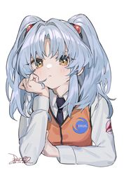  collared_shirt cropped_torso female hair_ornament head_on_hand highres hoshino_ruri kidou_senkan_nadesico looking_at_viewer nao_(syn_eaa) necktie shirt signature simple_background solo twintails vest white_background yellow_eyes 