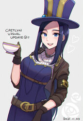  belt blue_eyes blush breasts brown_belt brown_gloves brown_hat brown_jacket caitlyn_(league_of_legends) cherii_(cherry_sister) cleavage cup dated female gloves grey_background hat heart highres holding holding_cup jacket korean_commentary large_breasts league_of_legends long_hair purple_hat simple_background smile solo teeth top_hat 