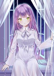  alternate_costume alternate_hairstyle blush bow breasts commentary cowboy_shot curtain_grab curtains dress female green_eyes hair_down hair_ornament hairclip highres hololive long_hair long_sleeves looking_at_viewer medium_breasts multicolored_hair myusha night night_sky open_mouth open_window pink_hair purple_hair see-through see-through_sleeves sitting sky solo star_(sky) starry_sky streaked_hair symbol-only_commentary tokoyami_towa two-tone_hair virtual_youtuber white_bow white_dress window 