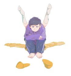  2boys :| arm_rest barefoot black_hair blue_pants bright_pupils brothers closed_mouth expressionless full_body half-closed_eyes hood hood_down hoodie jaggy_lines jitome kneehighs knees_up legs_apart legs_up long_sleeves looking_at_viewer male_focus matsuno_ichimatsu matsuno_jyushimatsu multiple_boys no_shoes osomatsu-kun osomatsu-san osomatsu_(series) outstretched_arms pants purple_eyes purple_hoodie purple_pupils qqmng shoe_soles siblings simple_background sitting sleeves_past_fingers sleeves_past_wrists slippers socks spread_arms straight-on sweatpants swept_bangs unworn_slippers very_long_sleeves white_background white_legwear yellow_footwear 