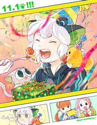  +_+ 1boy 2girls animal_ears bidiu_(the_legend_of_luoxiaohei) birthday black_eyes blunt_bangs brown_hair cake cat_boy cat_ears closed_eyes confetti creature creature_on_shoulder eating food fork fruit gift green_eyes grey_cat hat heixiu highres holding holding_fork holding_phone huangshou_(the_legend_of_luoxiaohei) luo_xiaobai luo_xiaohei luo_xiaohei_(cat) luo_xiaohei_(human) luo_xiaohei_zhanji micho multiple_girls on_shoulder open_mouth party_hat phone pink_hair shanxin_(the_legend_of_luoxiaohei) short_hair smile strawberry strawberry_shortcake twintails white_hair 