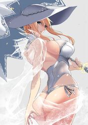  artoria_pendragon_(fate) artoria_pendragon_(swimsuit_ruler)_(fate) artoria_pendragon_(swimsuit_ruler)_(second_ascension)_(fate) ass back bare_shoulders blonde_hair braid breasts fate/grand_order fate_(series) female french_braid green_eyes hat highleg highleg_swimsuit highres kawabata_yoshihiro large_breasts long_hair looking_at_viewer looking_back one-piece_swimsuit parasol parted_lips see-through sidelocks sky sun_hat swimsuit thighs umbrella white_headwear white_one-piece_swimsuit 