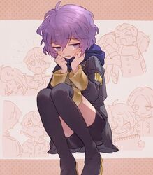  4boys ascot bernadetta_von_varley boots carrying carrying_over_shoulder caspar_von_bergliez commentary_request female ferdinand_von_aegir fire_emblem fire_emblem:_three_houses garreg_mach_monastery_uniform highres hood hubert_von_vestra linhardt_von_hevring multiple_boys purple_eyes purple_hair shorts shorts_under_skirt sketchbook skirt soto tears thigh_boots thighhighs 