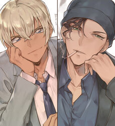  2boys akai_shuuichi amuro_tooru beanie black_hair black_headwear black_jacket blonde_hair blue_eyes blue_necktie blue_shirt buttons cigarette closed_mouth collarbone collared_shirt commentary dreaming182 dress_shirt formal green_eyes grey_background grey_jacket grey_suit hair_between_eyes hand_on_own_cheek hand_on_own_face hand_up hat head_rest highres jacket long_sleeves looking_at_viewer loose_necktie male_focus meitantei_conan mouth_hold multiple_boys necktie parted_lips shirt short_hair signature smile split_screen suit upper_body white_shirt 