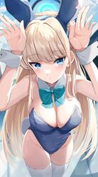  animal_ears aqua_bow aqua_bowtie blonde_hair blue_archive blue_bow blue_bowtie blue_eyes blue_halo blue_leotard bow bowtie breasts commentary_request detached_collar earpiece fake_animal_ears female halo highleg highleg_leotard highres igayan leotard long_hair medium_breasts official_alternate_costume playboy_bunny rabbit_ears solo strapless strapless_leotard thighhighs toki_(blue_archive) toki_(bunny)_(blue_archive) very_long_hair white_thighhighs wrist_cuffs 